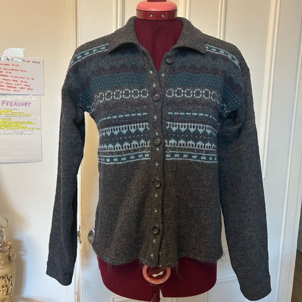 Vintage Gray and Blue Wool Patterned Cardigan